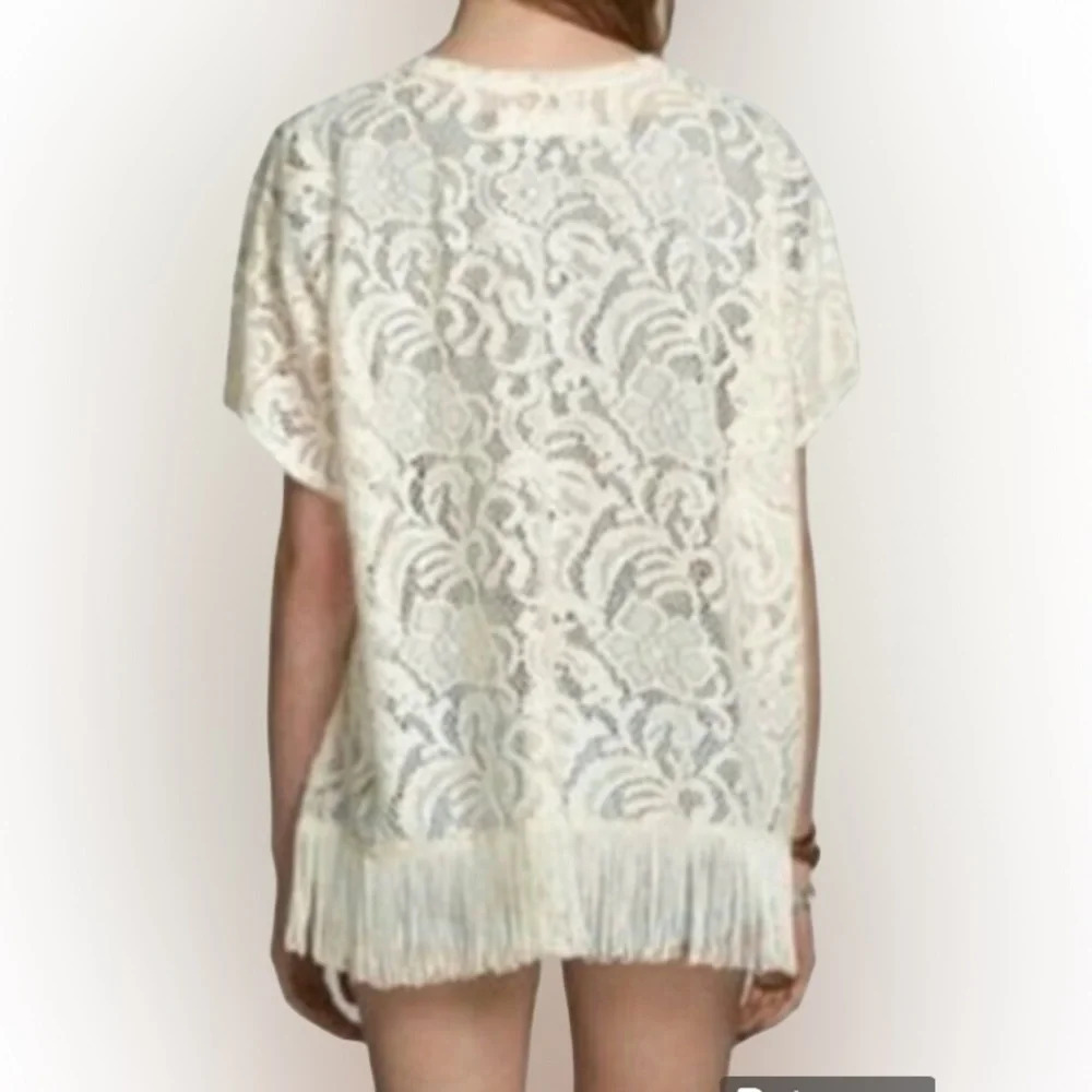 ABERCROMBIE & Fitch Cream Boho  Coastal Grandma Open Cardigan Fringe One Size